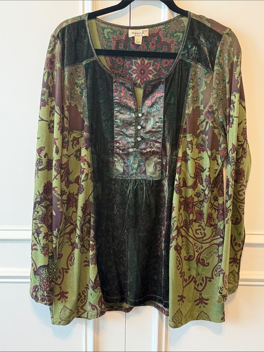 ONE WORLD Olive and Plum Floral Velvet-Trim Tunic